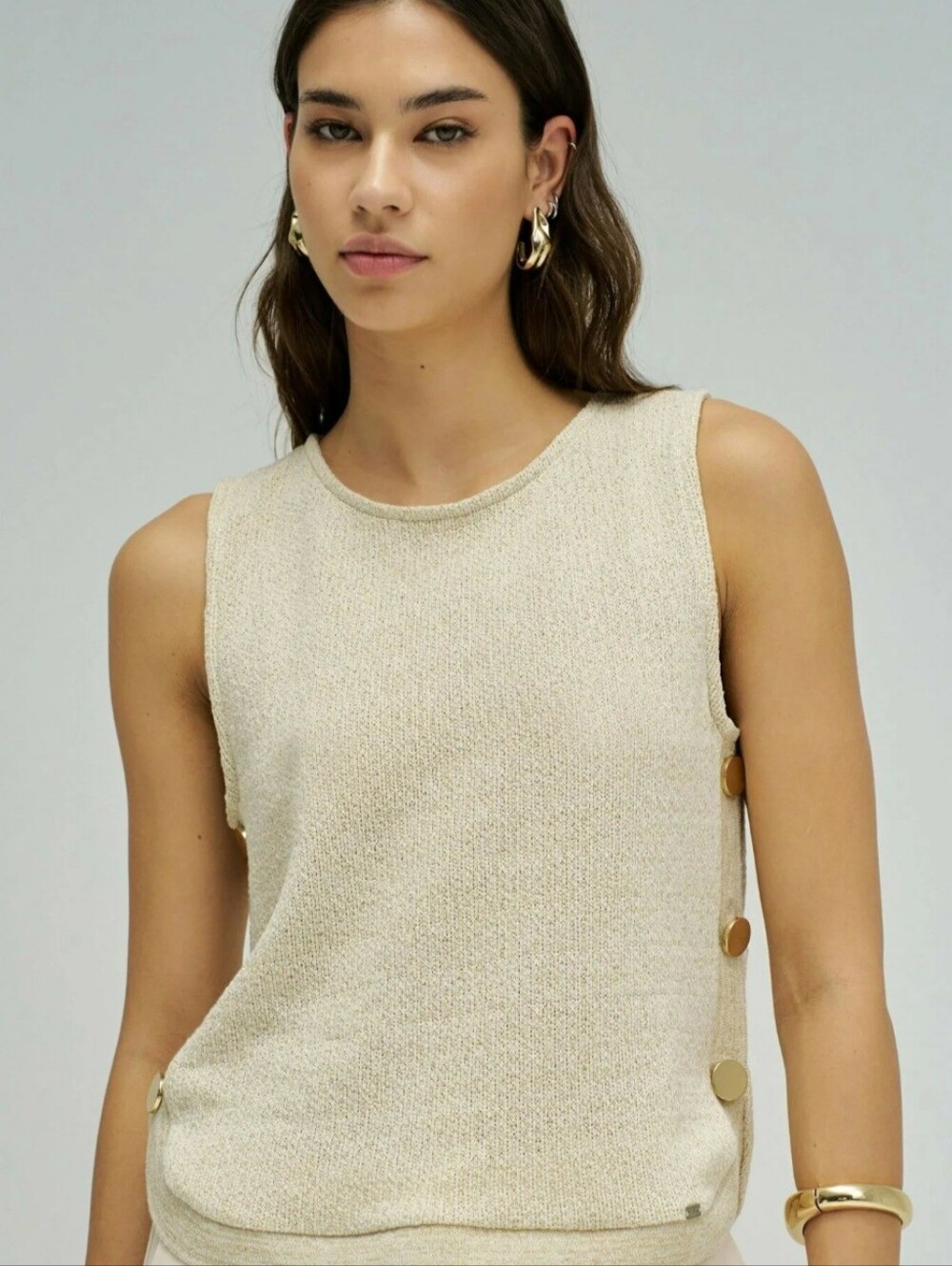 French Connection Cream Knit Tank with Gold Side Buttons